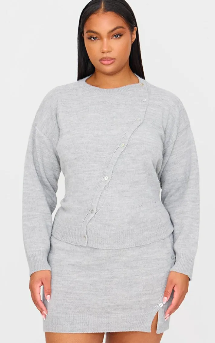 Plus Light Grey Asymmetric Fluffy Yarn Cardigan