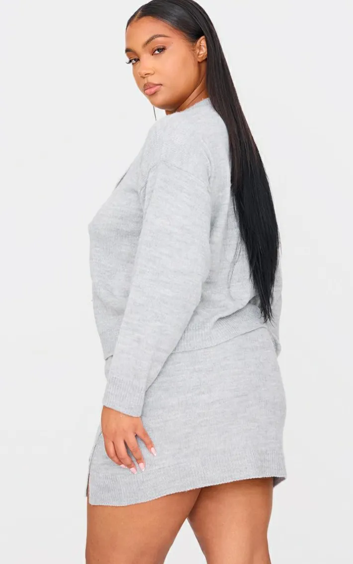 Plus Light Grey Asymmetric Fluffy Yarn Cardigan