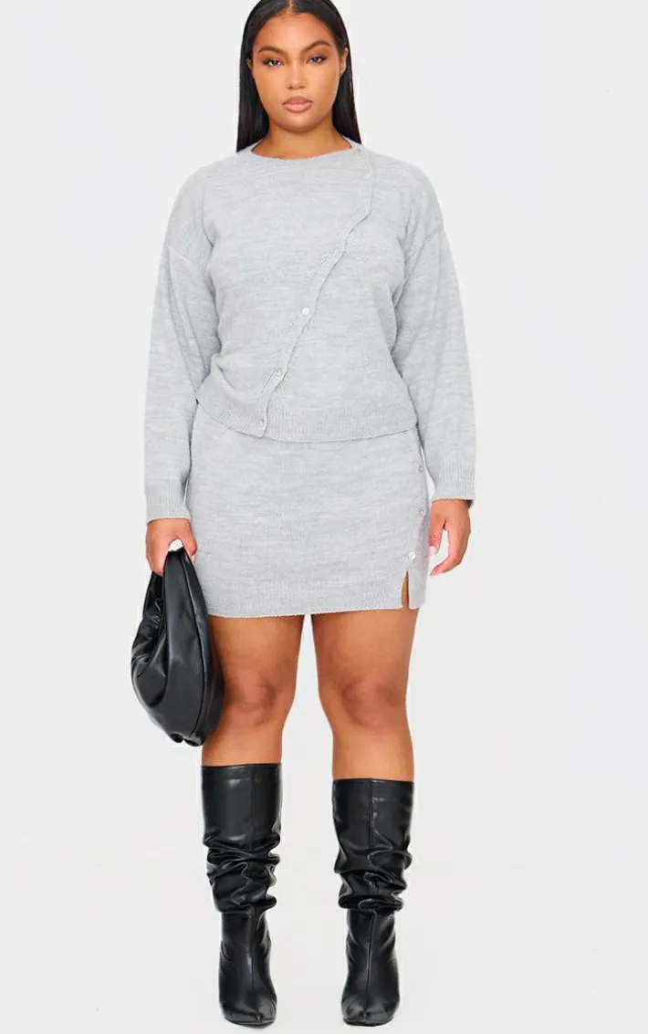 Plus Light Grey Asymmetric Fluffy Yarn Cardigan