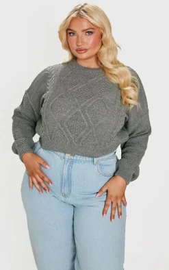 Plus Light Grey Cable Cropped Sweater
