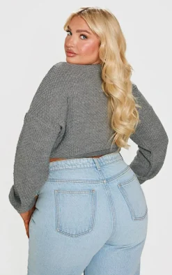 Plus Light Grey Cable Cropped Sweater