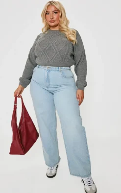Plus Light Grey Cable Cropped Sweater