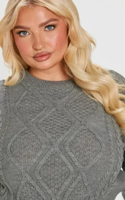 Plus Light Grey Cable Cropped Sweater