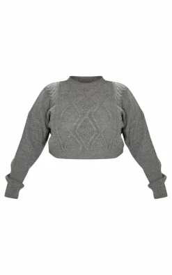 Plus Light Grey Cable Cropped Sweater