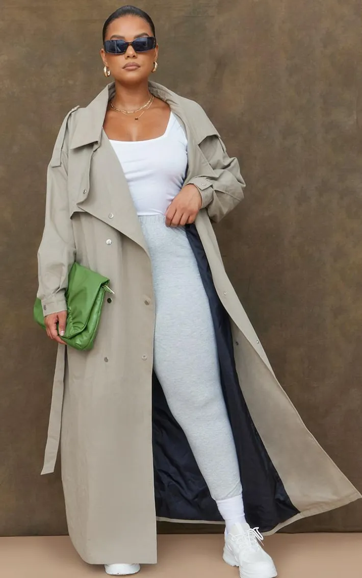 Plus Light Khaki Popper Detail Trench Coat