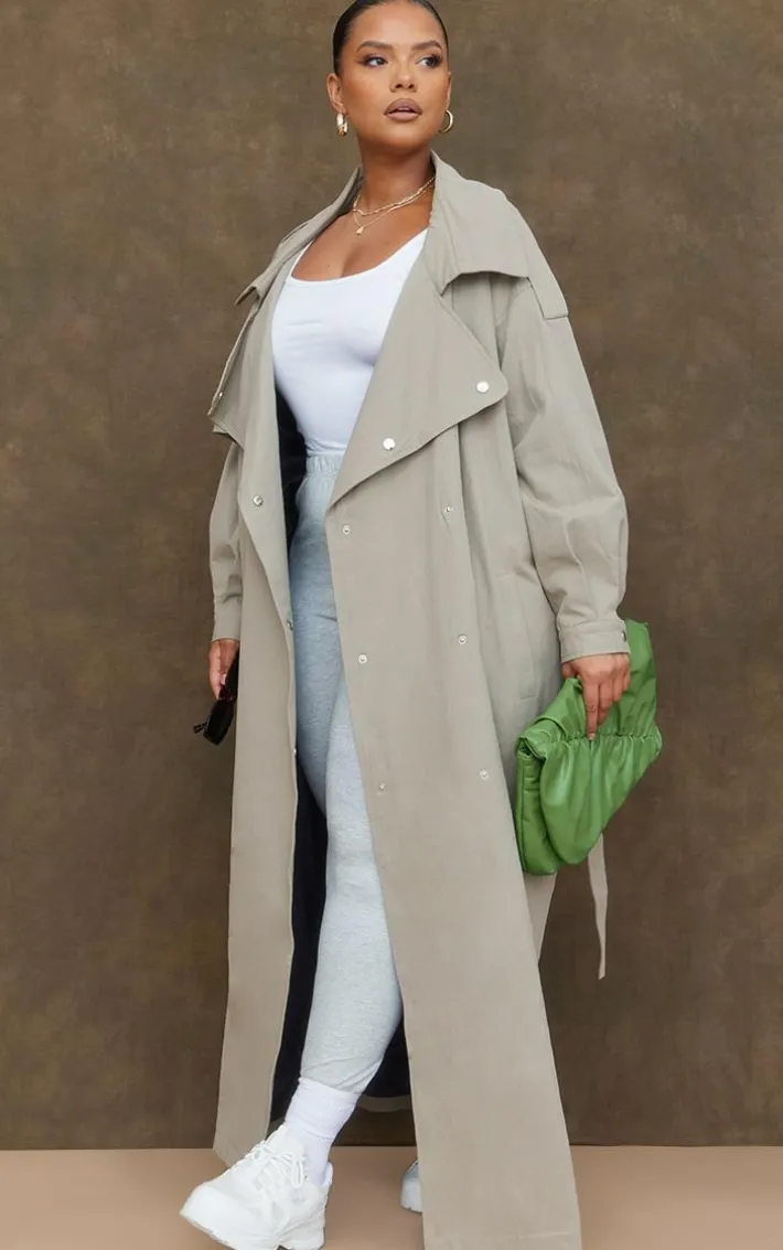 Plus Light Khaki Popper Detail Trench Coat