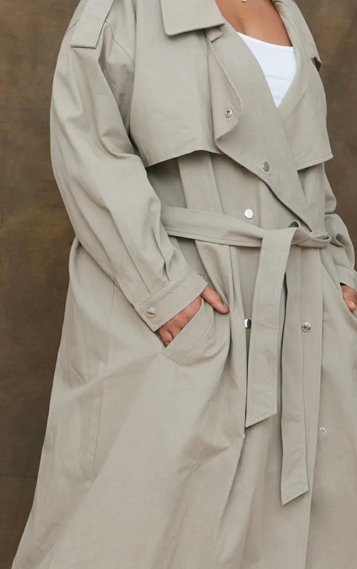 Plus Light Khaki Popper Detail Trench Coat