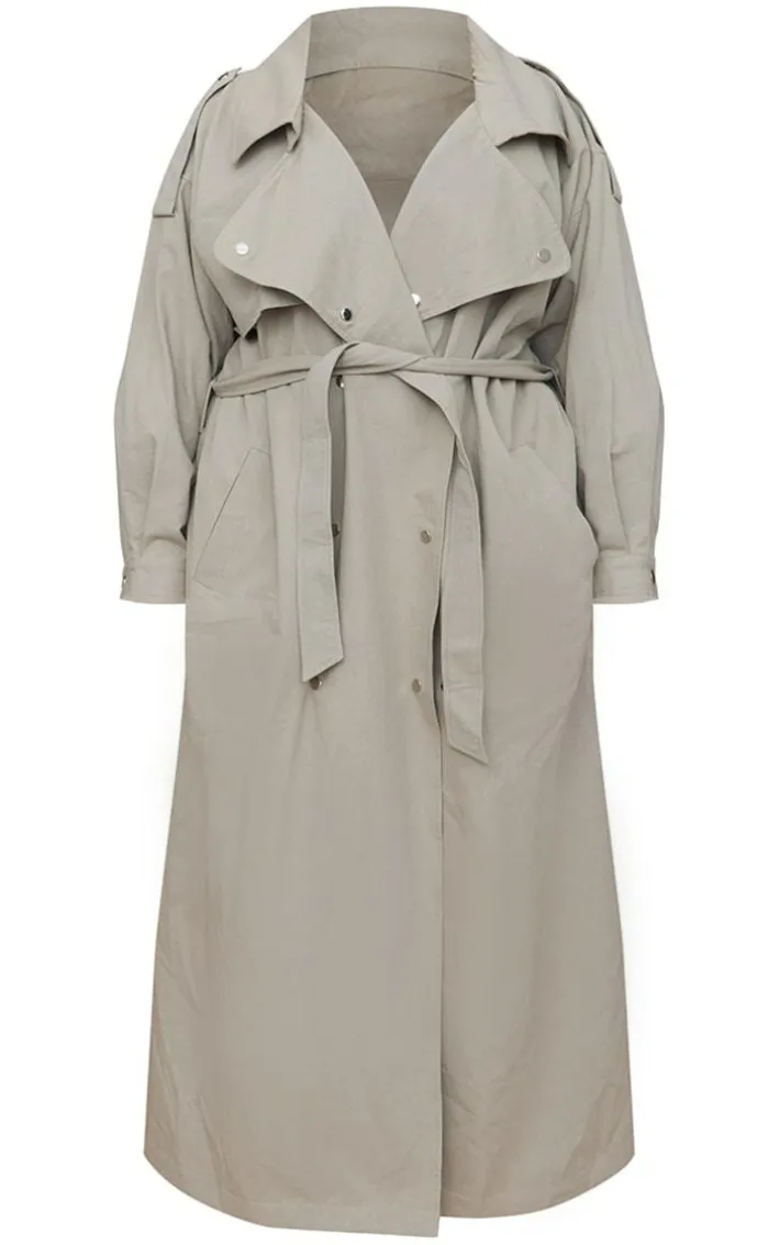 Plus Light Khaki Popper Detail Trench Coat