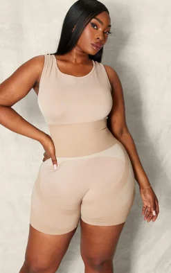 Plus Light Mocha Seamless Open Back Jacquard Unitard