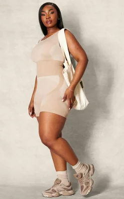 Plus Light Mocha Seamless Open Back Jacquard Unitard