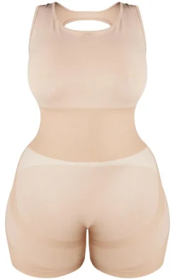 Plus Light Mocha Seamless Open Back Jacquard Unitard