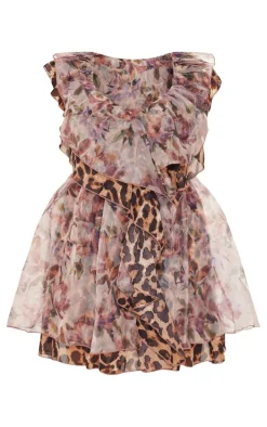 Plus Light Pink Floral Chiffon Frill Micro Mini Dress