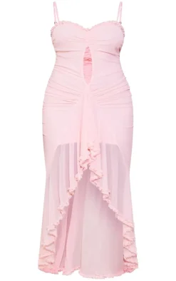 Plus Light Pink Mesh Ruffle Cut Out Flared Maxi Dress