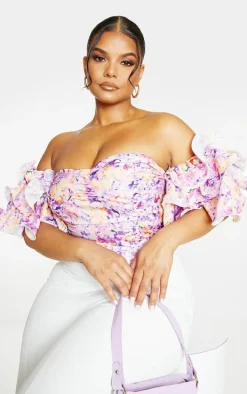 Plus Lilac Floral Print Puff Sleeve Bardot Crop Top