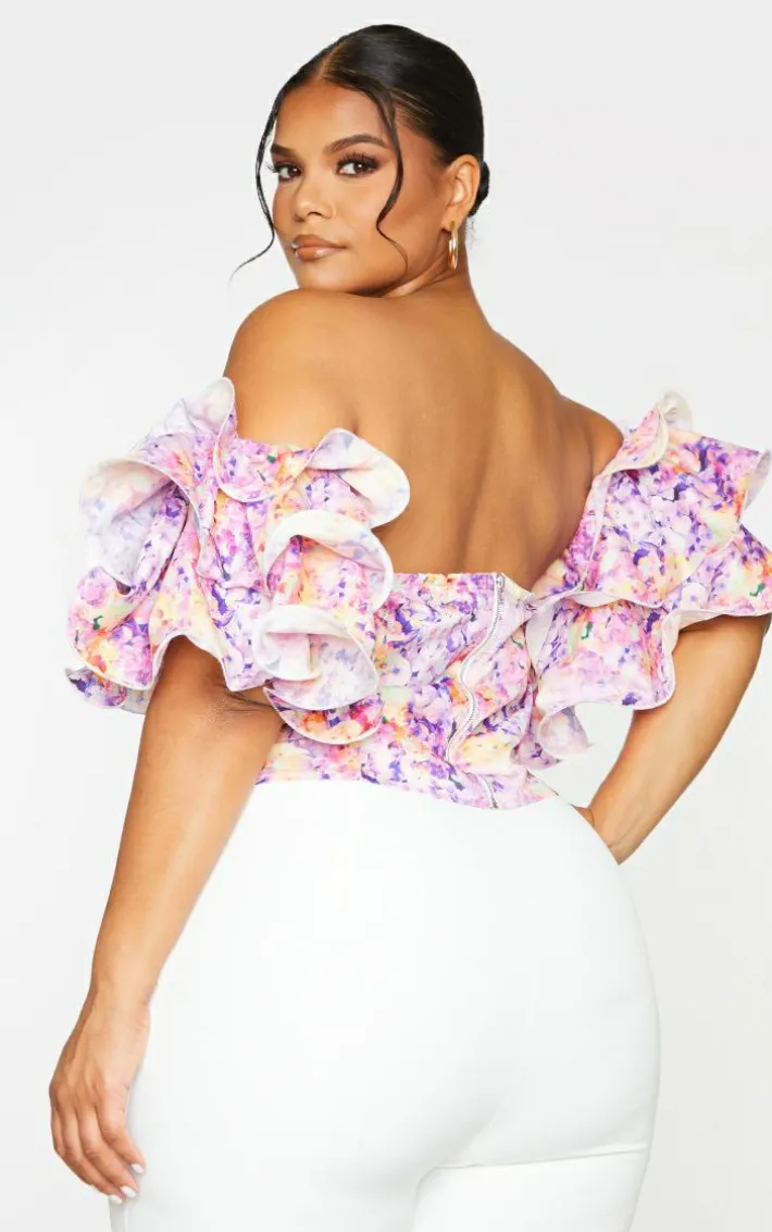 Plus Lilac Floral Print Puff Sleeve Bardot Crop Top