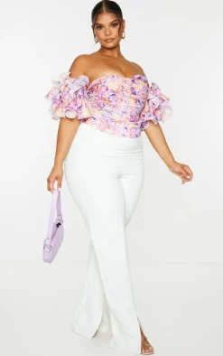 Plus Lilac Floral Print Puff Sleeve Bardot Crop Top