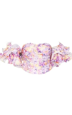 Plus Lilac Floral Print Puff Sleeve Bardot Crop Top