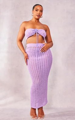 Plus Lilac Knitted Tie Front Bandeau Top