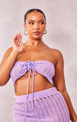 Plus Lilac Knitted Tie Front Bandeau Top