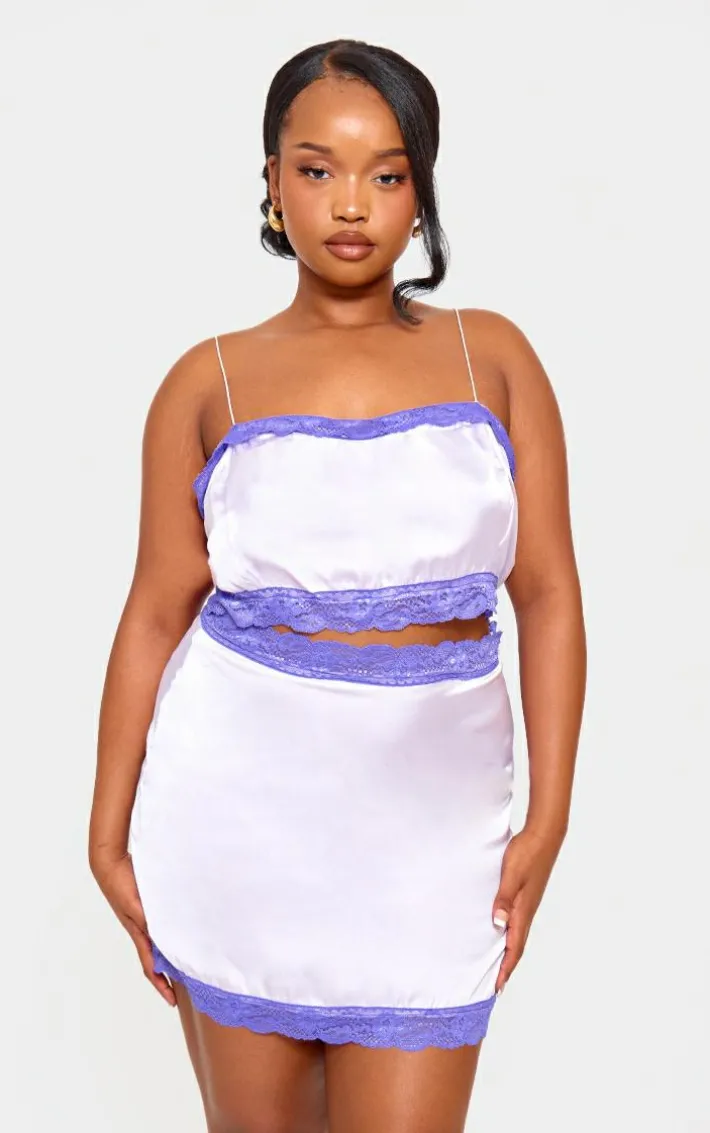Plus Lilac Lace Detail Cropped Satin Top