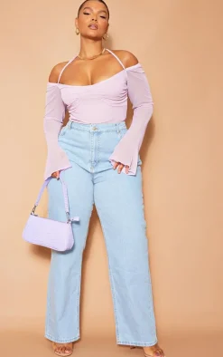 Plus Lilac Mesh Sleeve Halter Neck Bodysuit