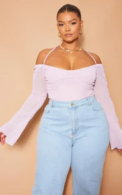 Plus Lilac Mesh Sleeve Halter Neck Bodysuit