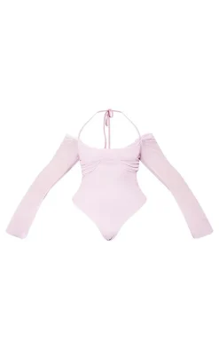 Plus Lilac Mesh Sleeve Halter Neck Bodysuit