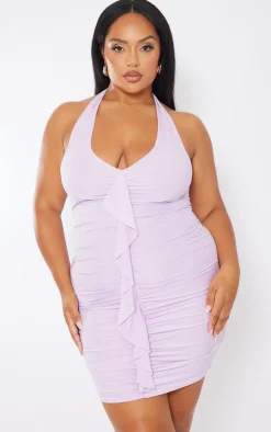 Plus Lilac Ruffle Detail Halterneck Bodycon Dress