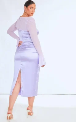 Plus Lilac Satin Midi Dress With Mesh Bolero