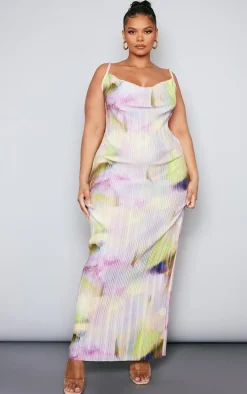 Plus Lilac Watercolour Printed Plisse Cowl Neck Maxi Dress