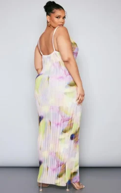 Plus Lilac Watercolour Printed Plisse Cowl Neck Maxi Dress