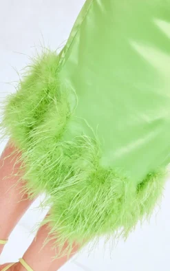 Plus Lime Satin Feather Trim One Shoulder Midi Dress
