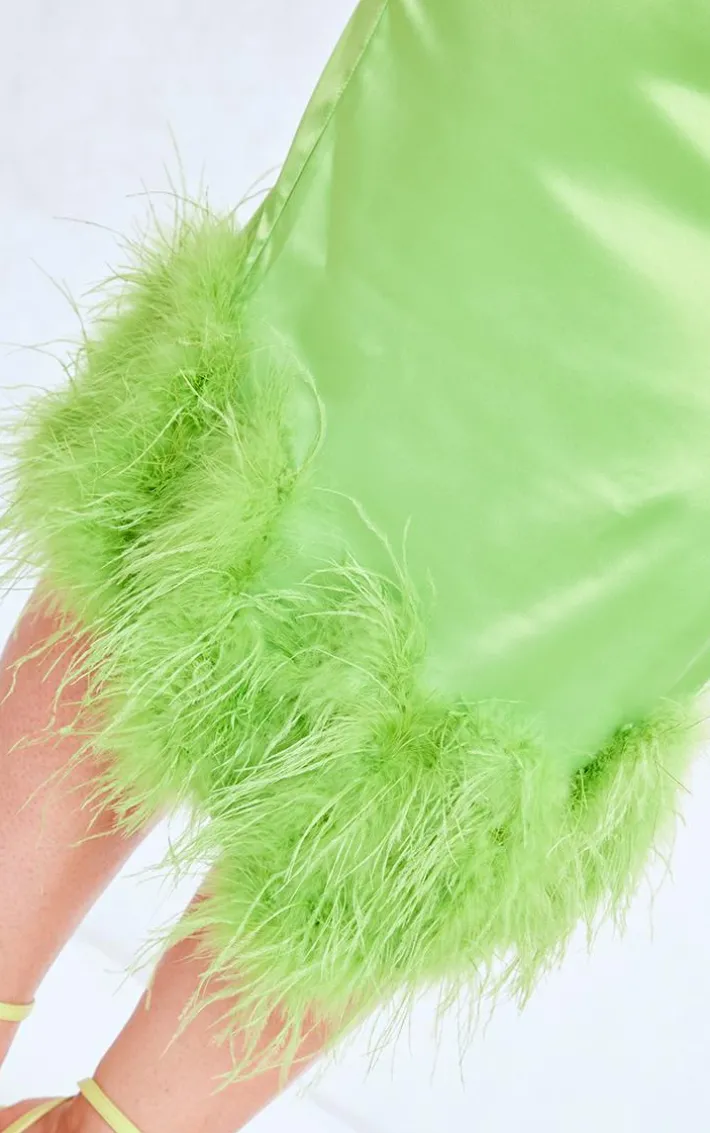 Plus Lime Satin Feather Trim One Shoulder Midi Dress