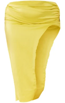 Plus Lime Satin Ruched Side Split Midi Skirt
