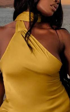 Plus Lime Satin Scarf Detail Bodycon Dress