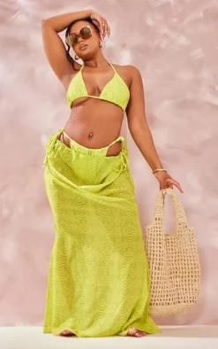 Plus Lime Snake Printed Chiffon Ruched Side Beach Skirt