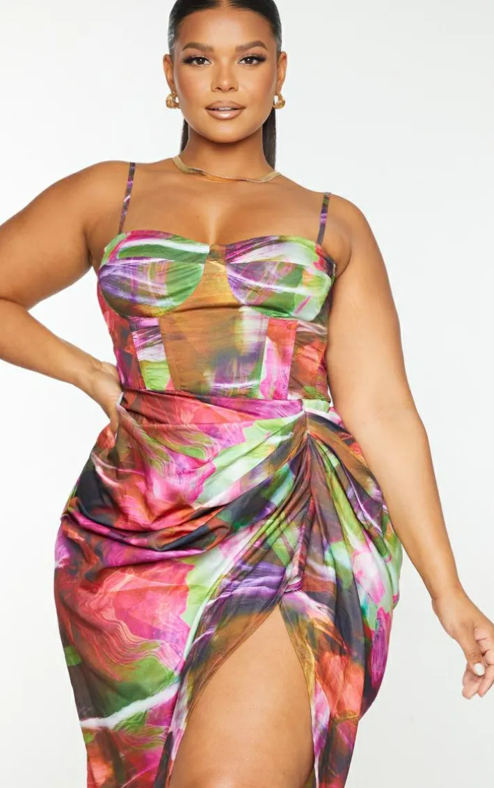 Plus Lime Textured Print Structured Corset Top