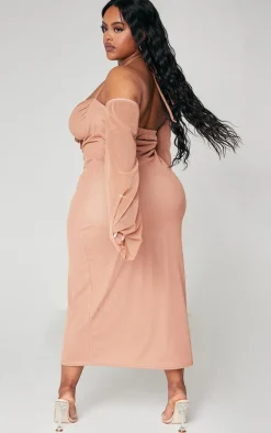 Plus Mauve Mesh Ruched Bust Sleeve Detail Midi Dress