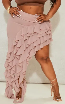 Plus Mauve Ruffle Detail Asymmetric Midi Skirt