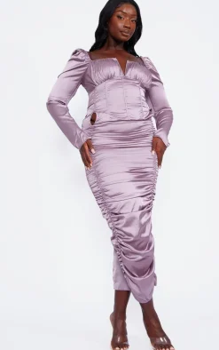 Plus Mauve Satin Ruched Corset Midi Dress
