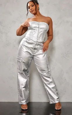 Plus Metallic Coated Denim Cargo Jeans