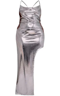 Plus Metallic Cowl Neck Side Split Maxi Dress