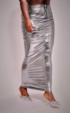 Plus Metallic Ruched Maxi Skirt