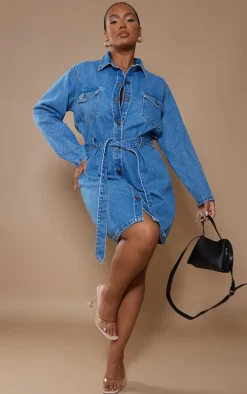 Plus Mid Blue Acid Wash Button Front Tie Waist Denim Dress