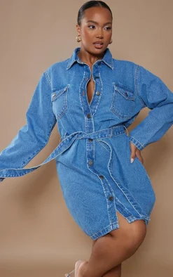 Plus Mid Blue Acid Wash Button Front Tie Waist Denim Dress
