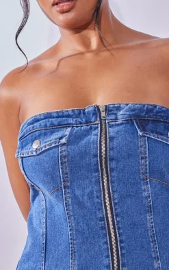 Plus Mid Blue Wash Bandeau Zip Up Denim Corset