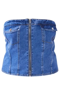Plus Mid Blue Wash Bandeau Zip Up Denim Corset