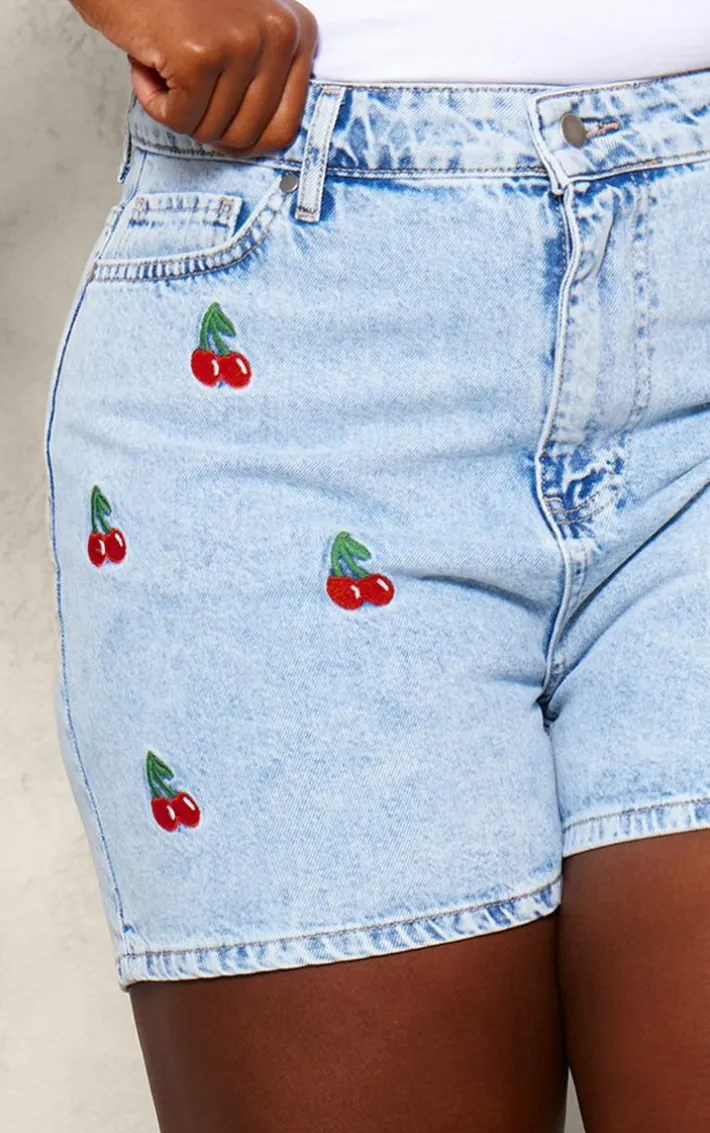 Plus Mid Blue Wash Cherry Embroidered Shorts
