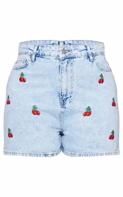 Plus Mid Blue Wash Cherry Embroidered Shorts