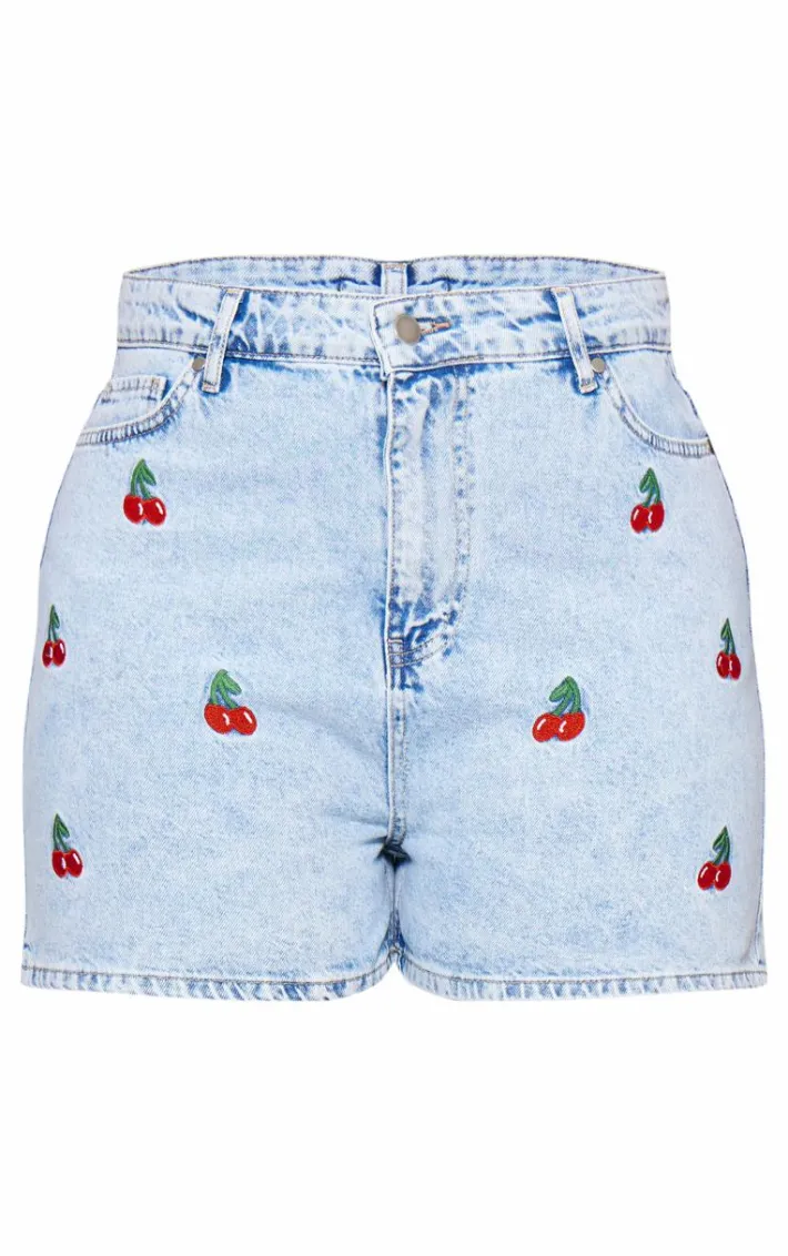 Plus Mid Blue Wash Cherry Embroidered Shorts